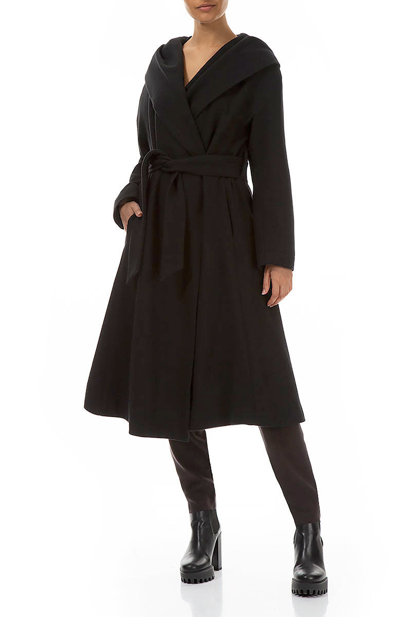 Hooded Belted Black Wool Coat 4