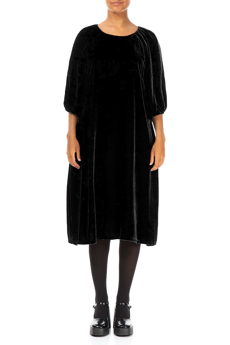 Bishop Sleeves Black Silk Velvet Dress 1
