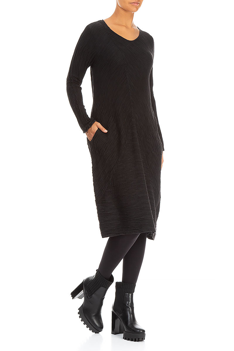 Subtle Balloon Crinkled Black Silk Midi Dress 3