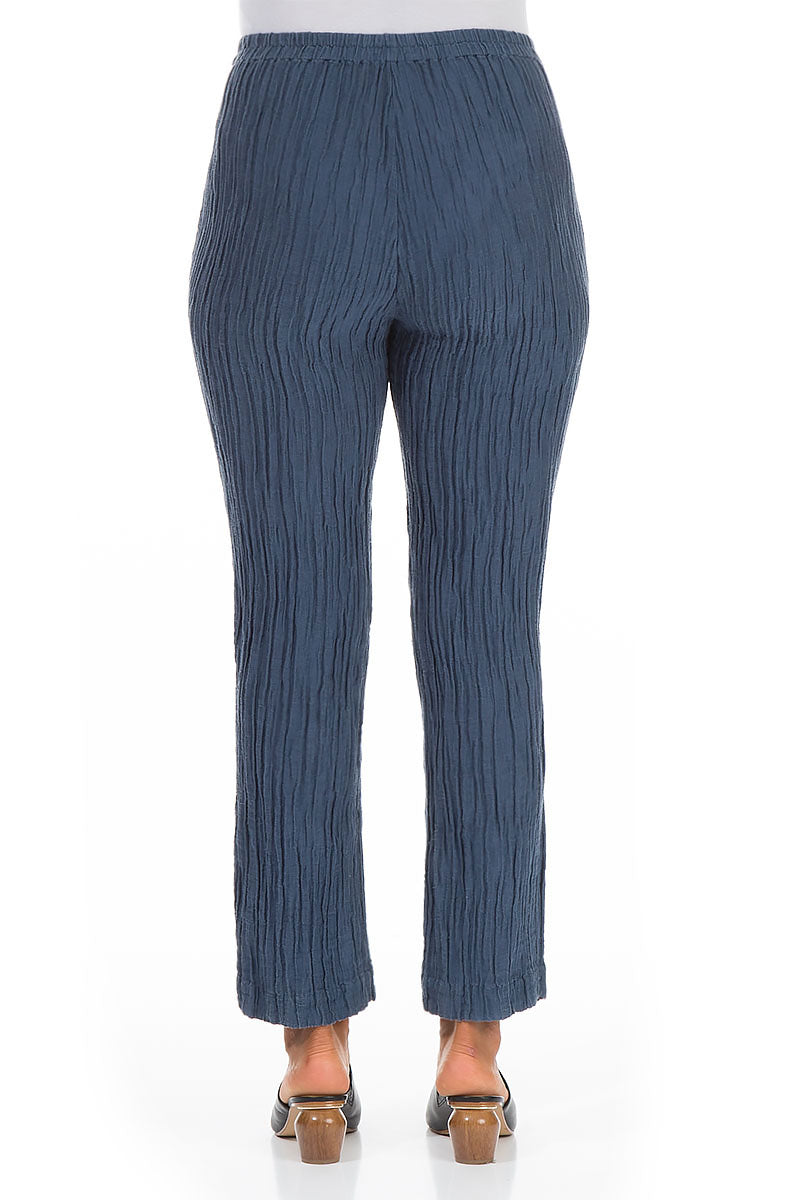 Crinkled Denim Blue Silk Linen Trousers