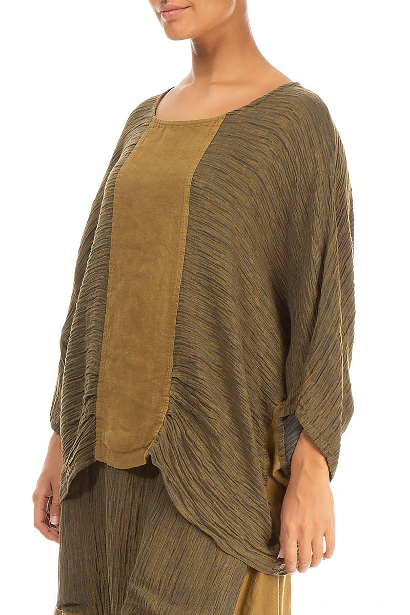 Crinkled Mustard Khaki Silk Blouse 3