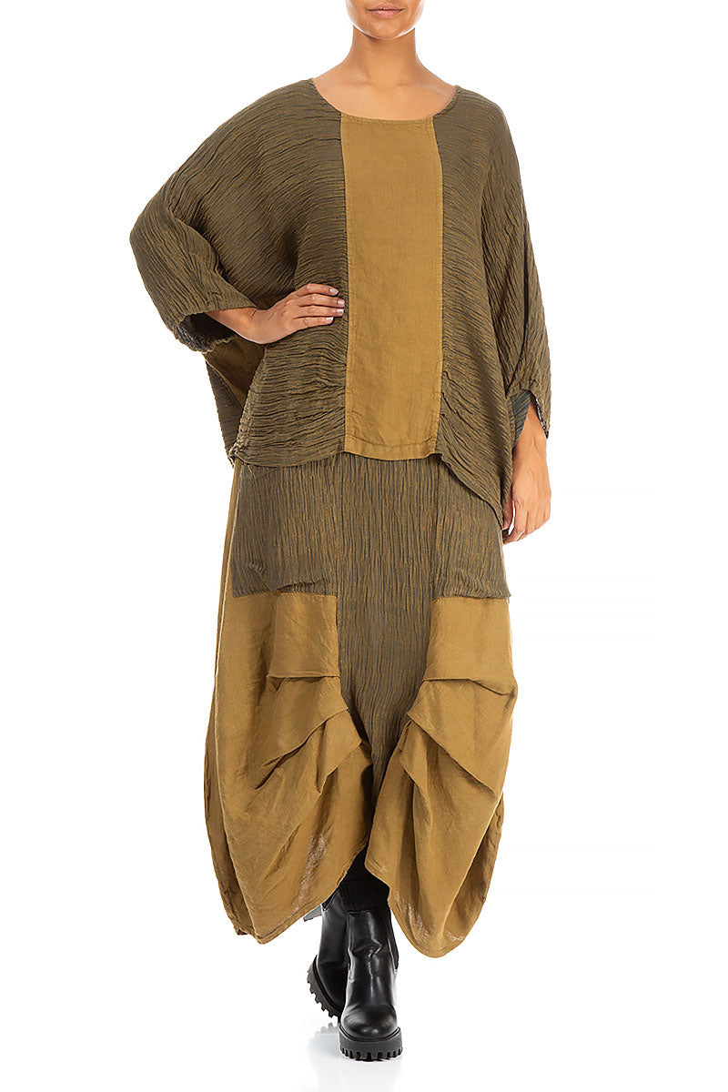 Crinkled Mustard Khaki Silk Blouse 4