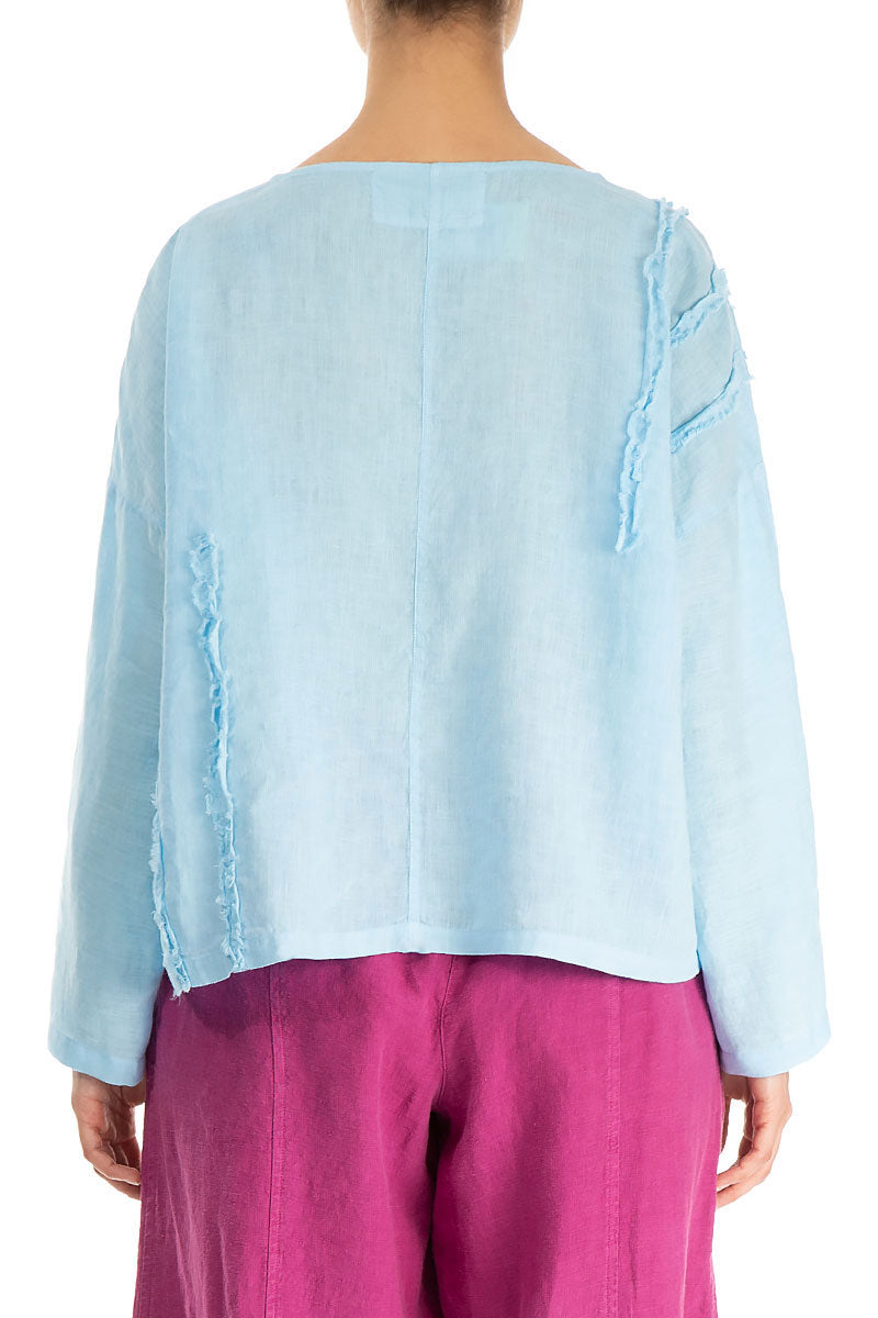 Decorated Boxy Baby Blue Linen Blouse