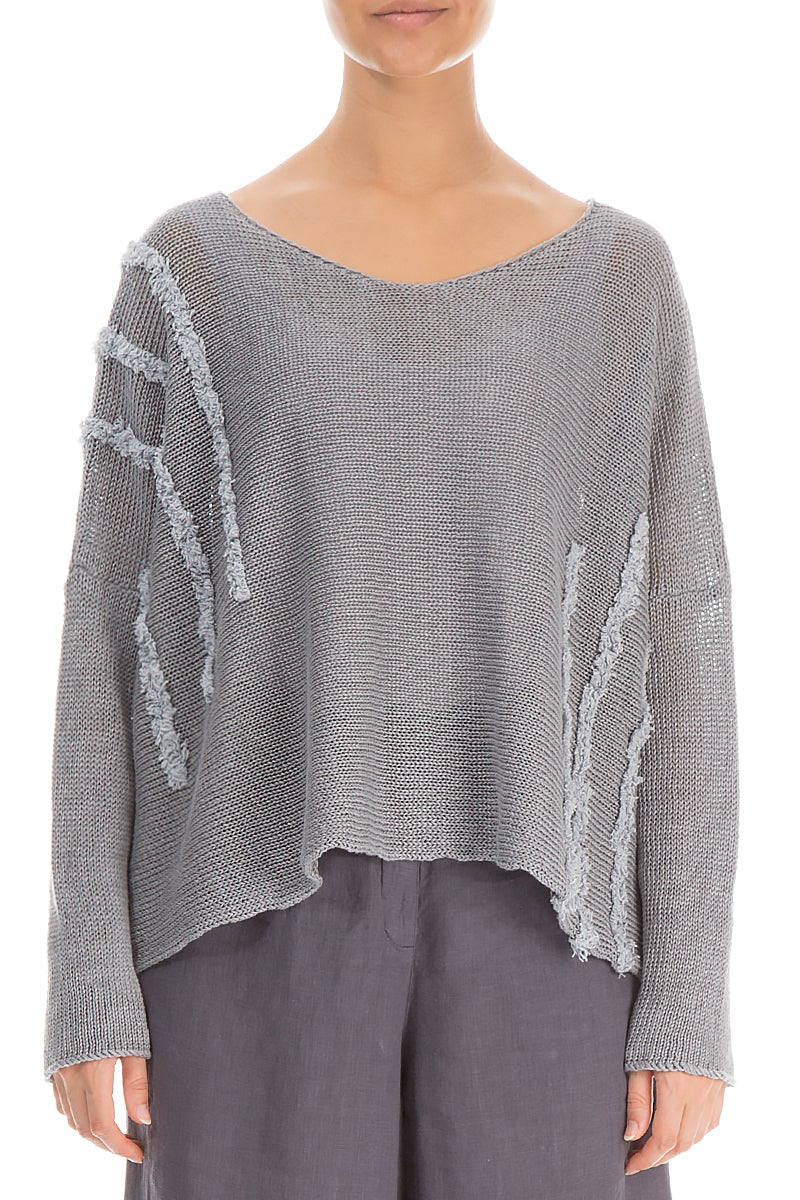 Decorated Boxy Grey Linen Jumper