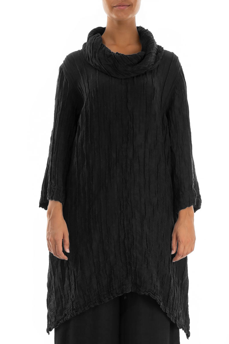 Detachable Collar Crinkled Black Silk Linen Tunic 1