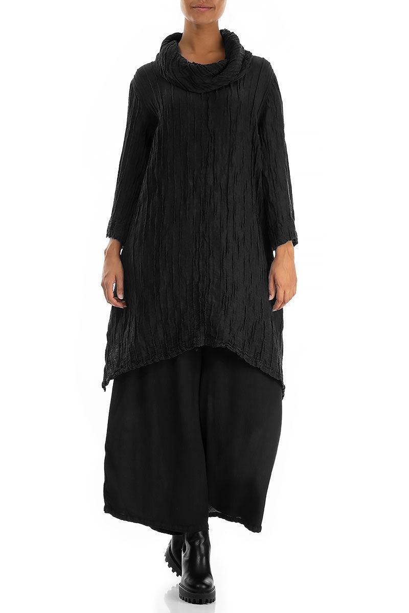 Detachable Collar Crinkled Black Silk Linen Tunic 6