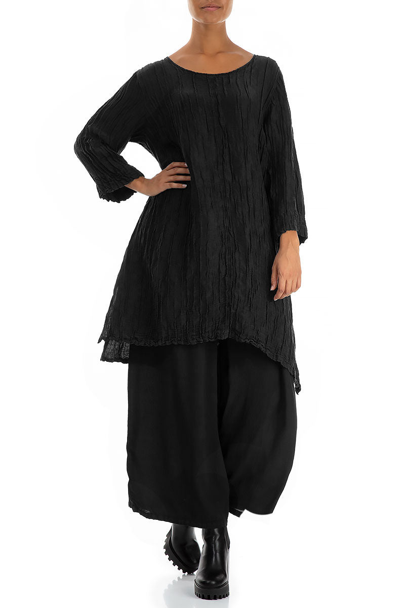 Detachable Collar Crinkled Black Silk Linen Tunic 5