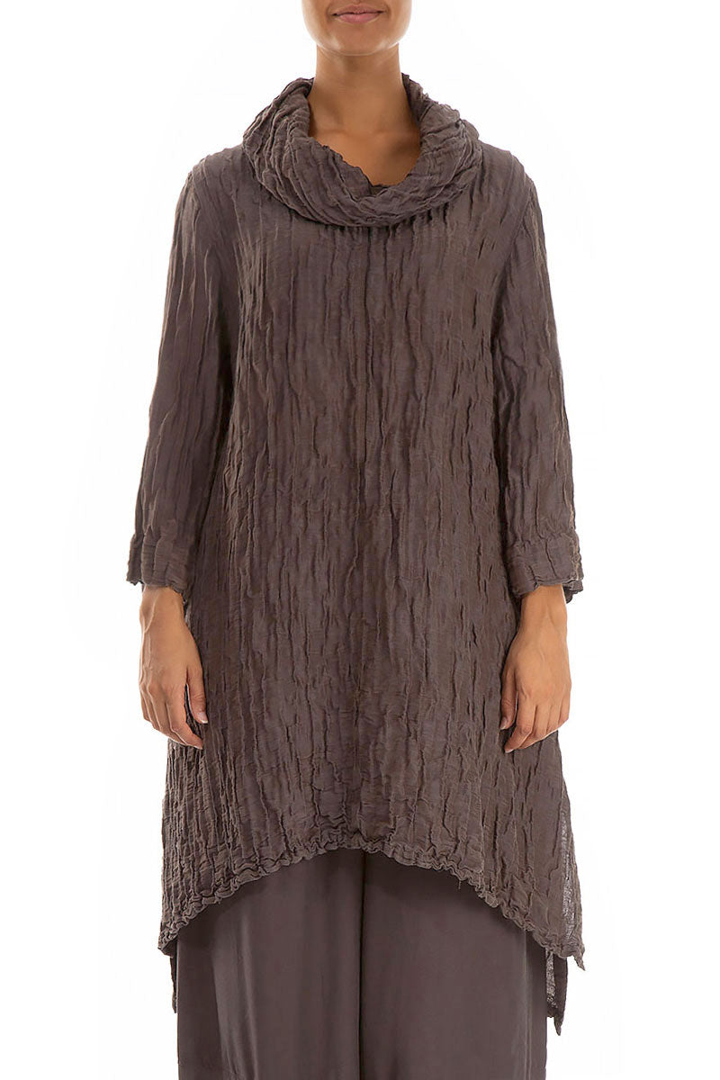Detachable Collar Crinkled Brown Silk Linen Tunic 1