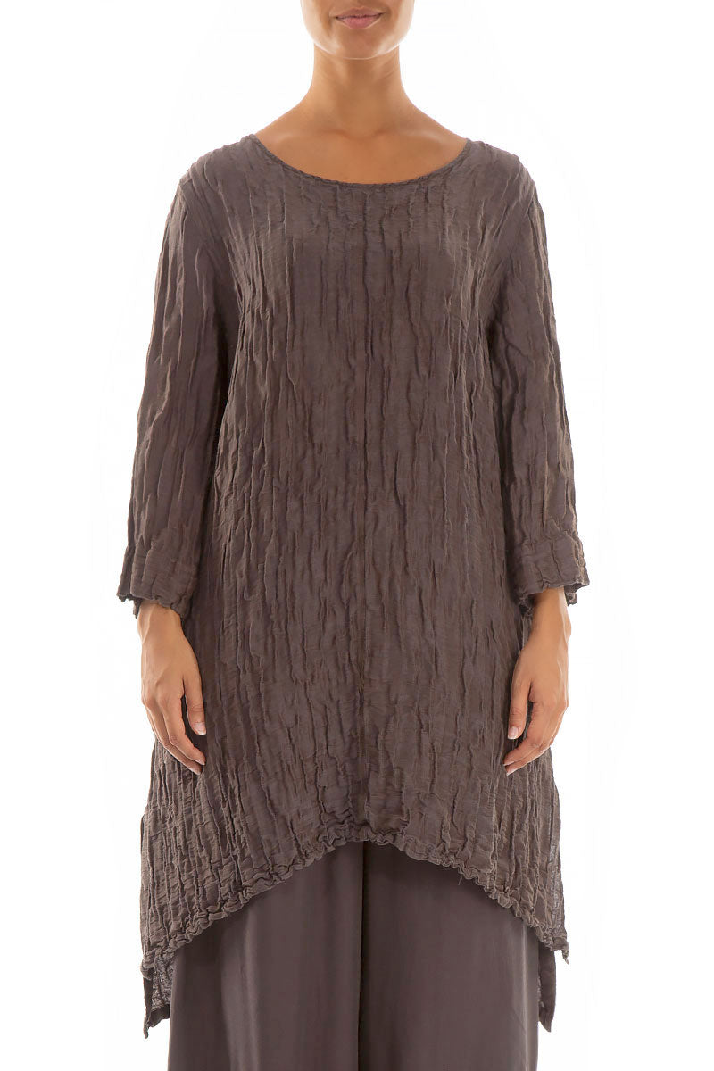 Detachable Collar Crinkled Brown Silk Linen Tunic 4