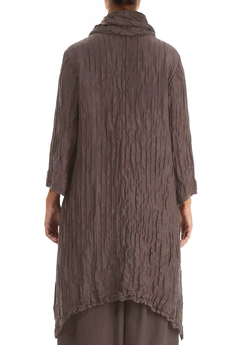 Detachable Collar Crinkled Brown Silk Linen Tunic 2