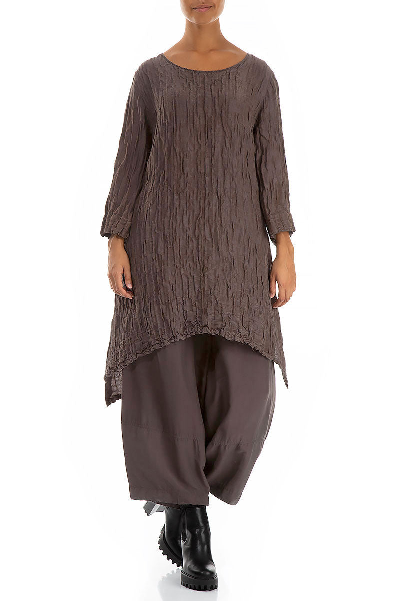 Detachable Collar Crinkled Brown Silk Linen Tunic 5