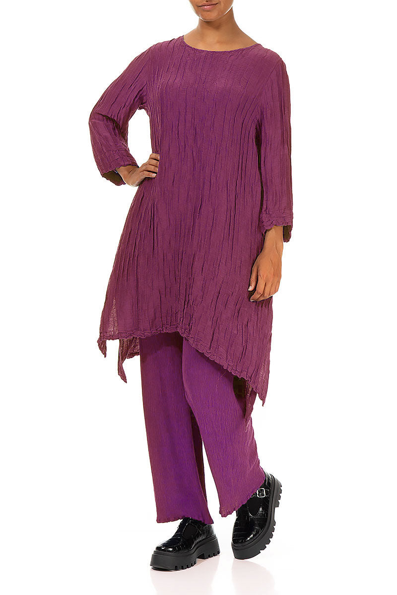 Detachable Collar Crinkled Royal Fuchsia Silk Linen Tunic 5
