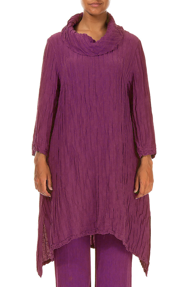Detachable Collar Crinkled Royal Fuchsia Silk Linen Tunic 1
