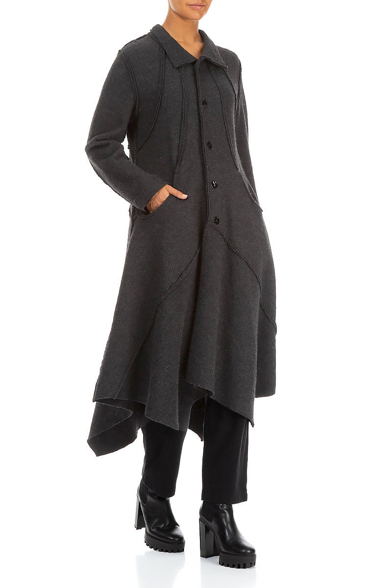 Asymmetric Hem Dark Grey Wool Coat 4