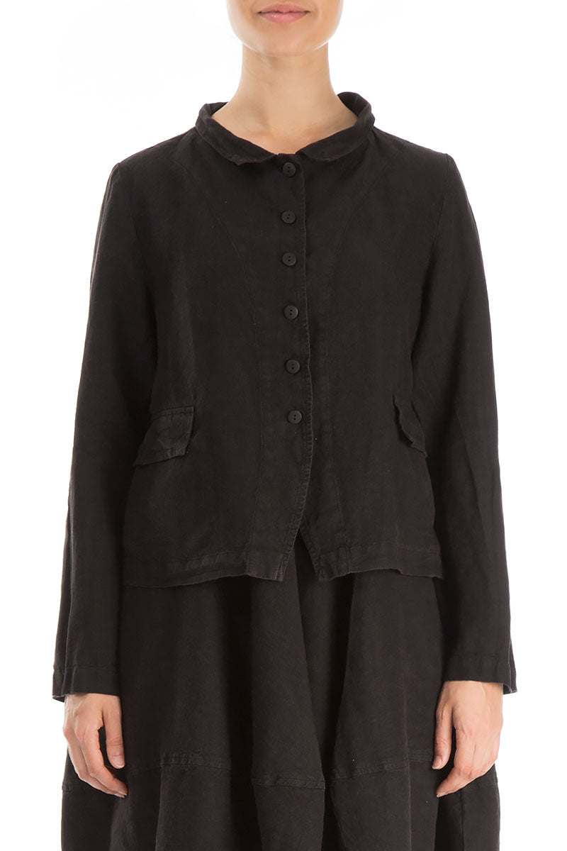 Elegant Buttoned Black Linen Jacket 1