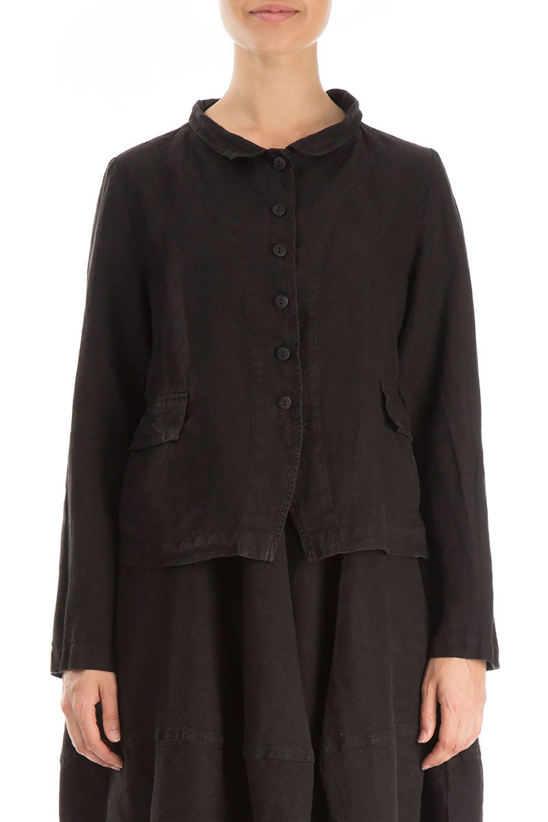 Evergreen Buttoned Black Linen Jacket
