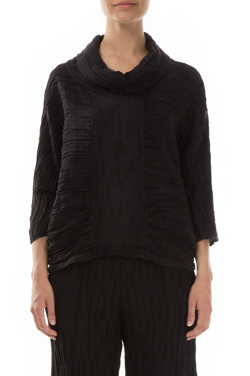 Cowl Neck Crinkled Black Silk Linen Blouse 1