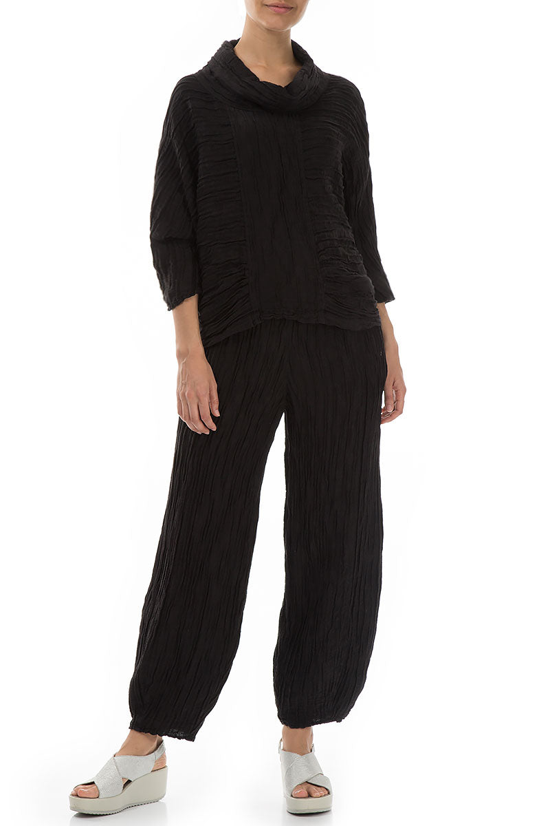 Cowl Neck Crinkled Black Silk Linen Blouse 5