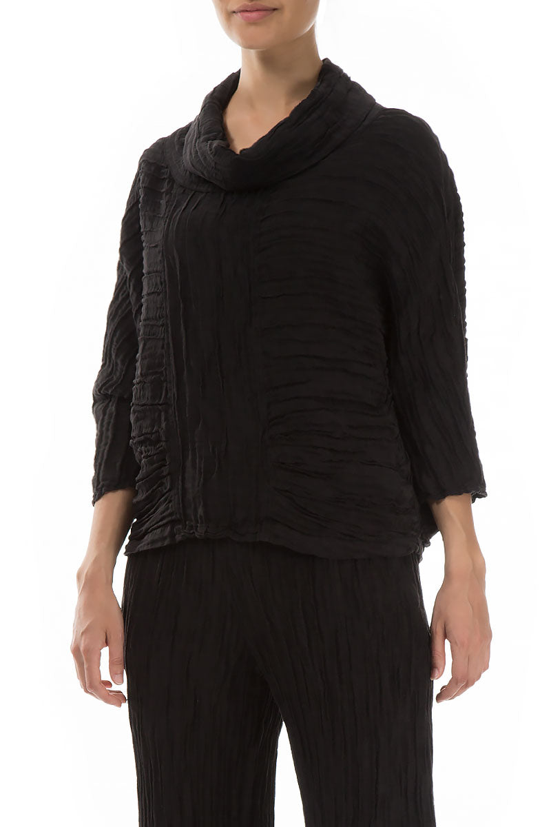Cowl Neck Crinkled Black Silk Linen Blouse 3