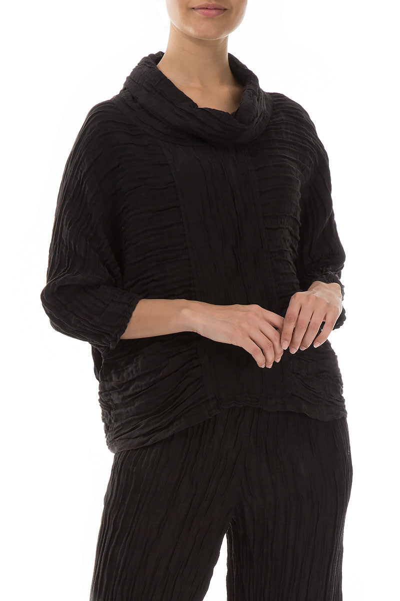 Cowl Neck Crinkled Black Silk Linen Blouse 4