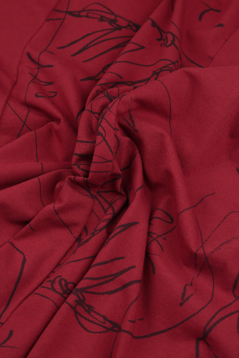 Exposed Seam Bordeaux Abstract Draw Cotton Dress 6