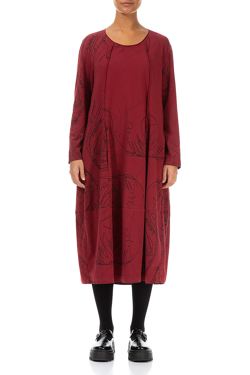 Exposed Seam Bordeaux Abstract Draw Cotton Dress 1
