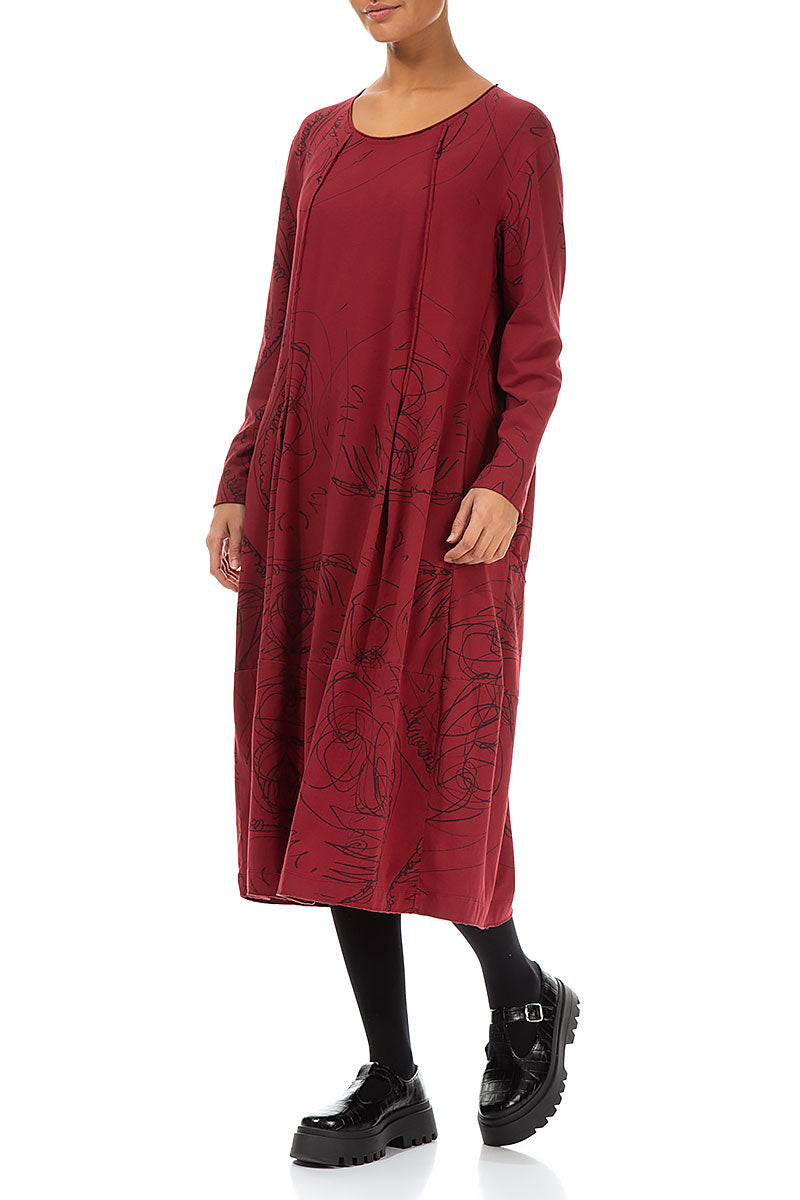 Exposed Seam Bordeaux Abstract Draw Cotton Dress 5
