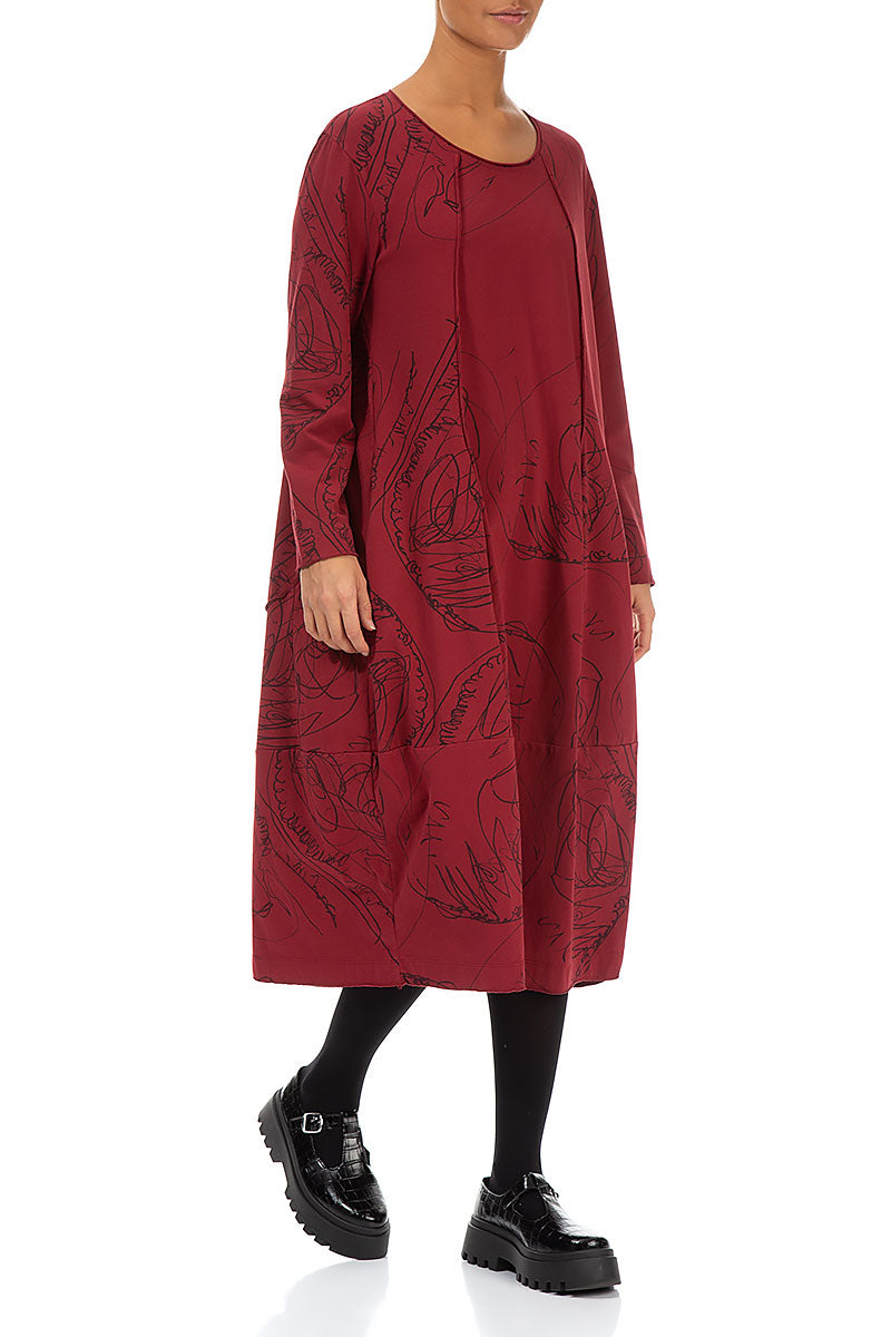 Exposed Seam Bordeaux Abstract Draw Cotton Dress 3