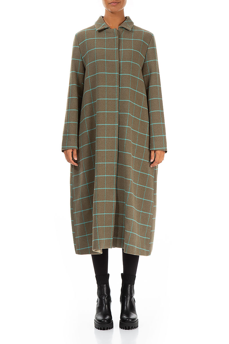 Flared Back Checkered Green Wool Coat 1