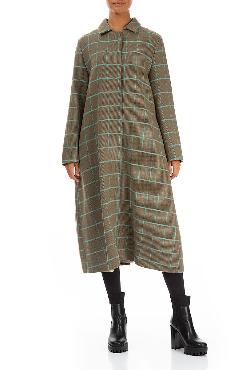 Flared Back Checkered Green Wool Coat 4