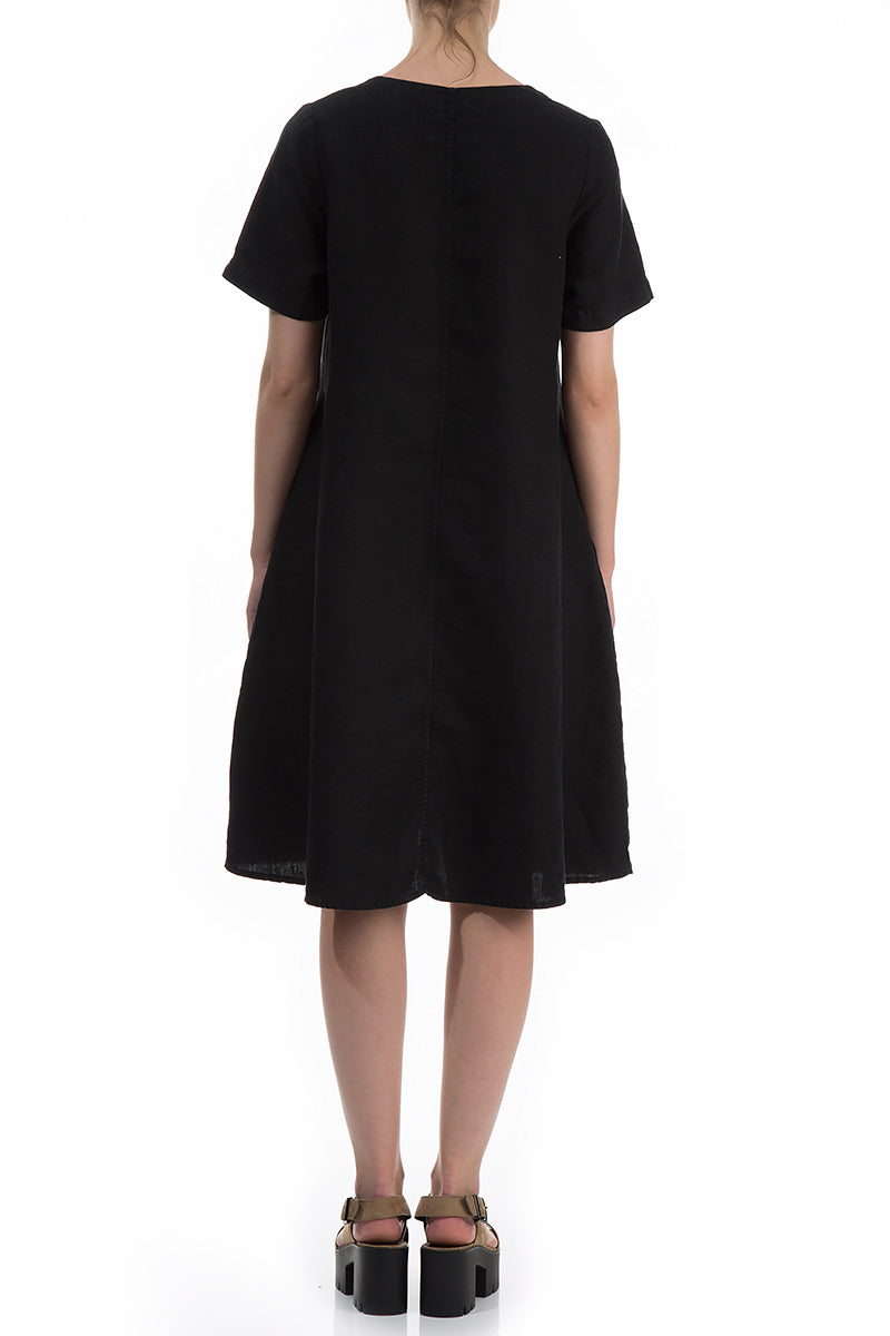 Short Sleeves Black Linen Dress