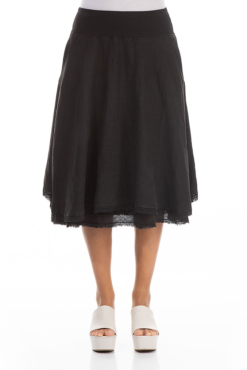 Flared Black Linen Midi Skirt