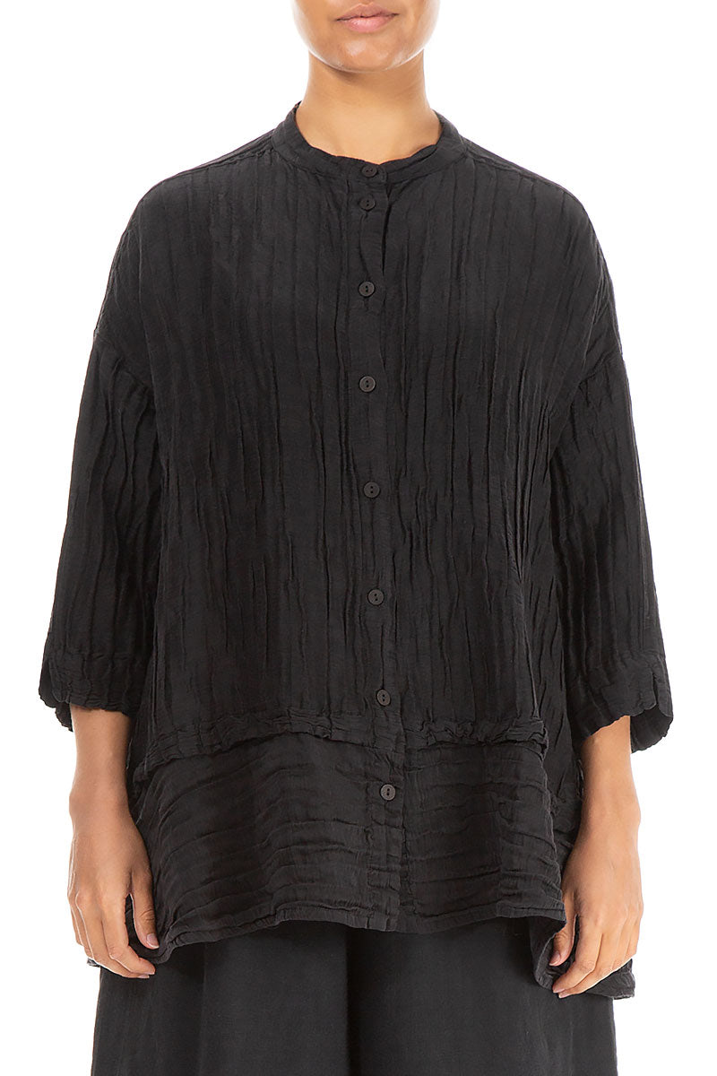 Flared Crinkled Black Silk Shirt 1