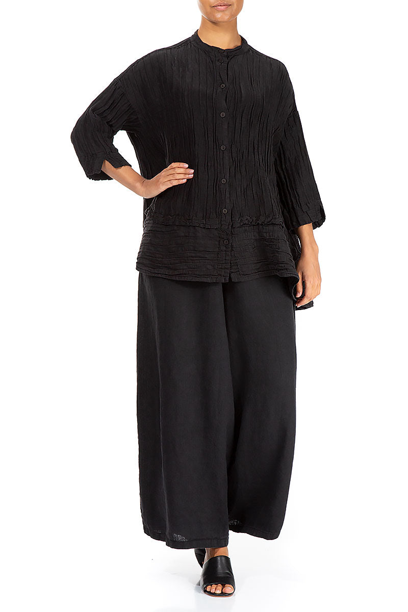 Flared Crinkled Black Silk Shirt 4