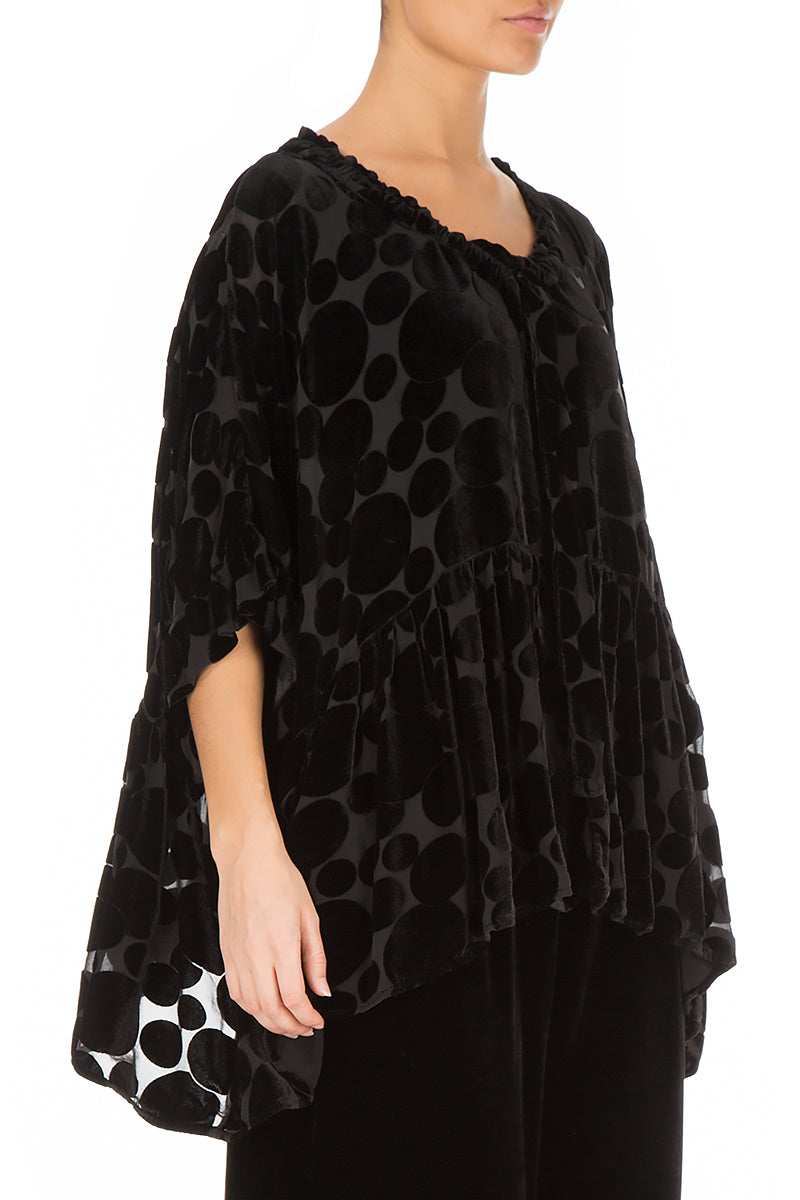 Flared Devoré Bubbles Black Silk Velvet Blouse 3