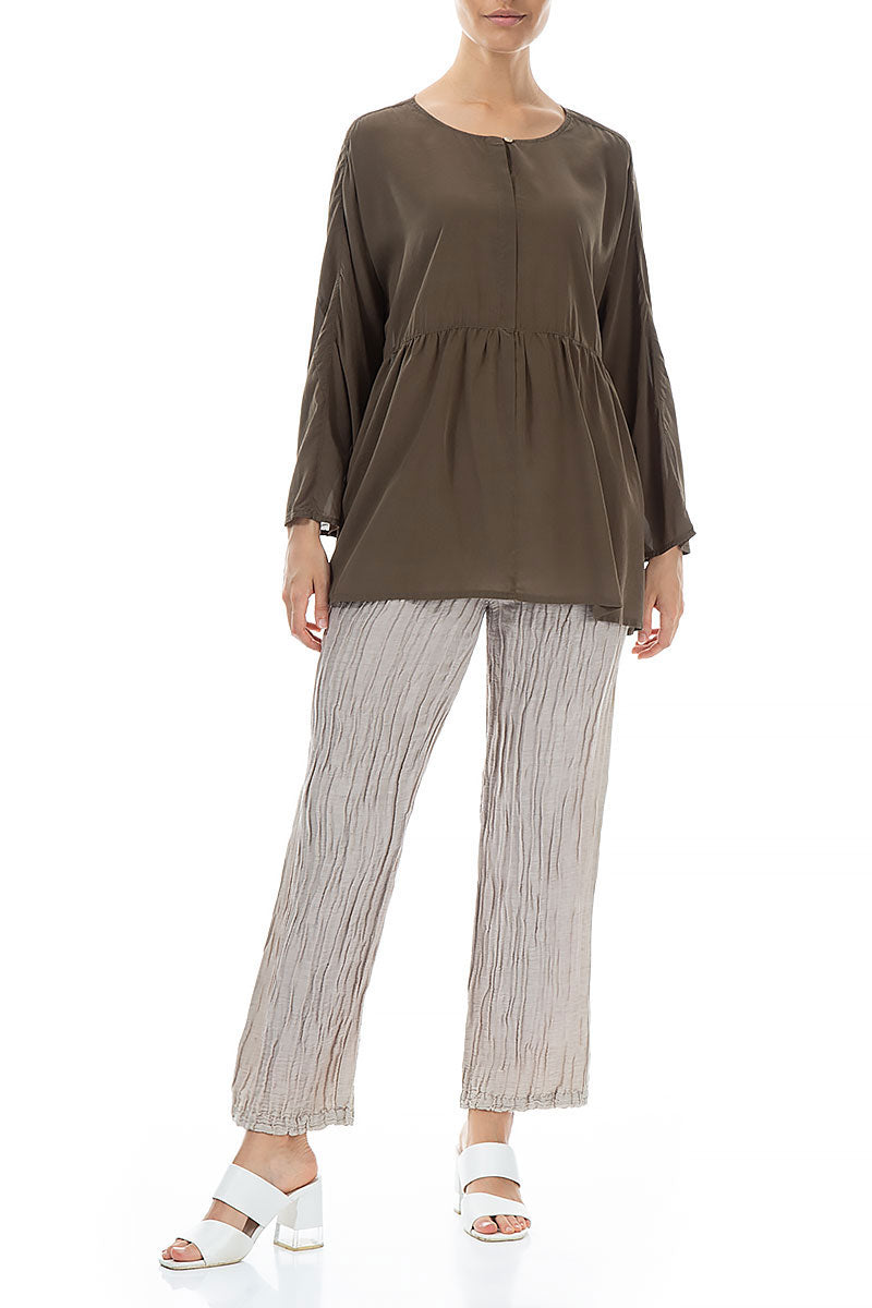 Flared Khaki Silk Blouse 4