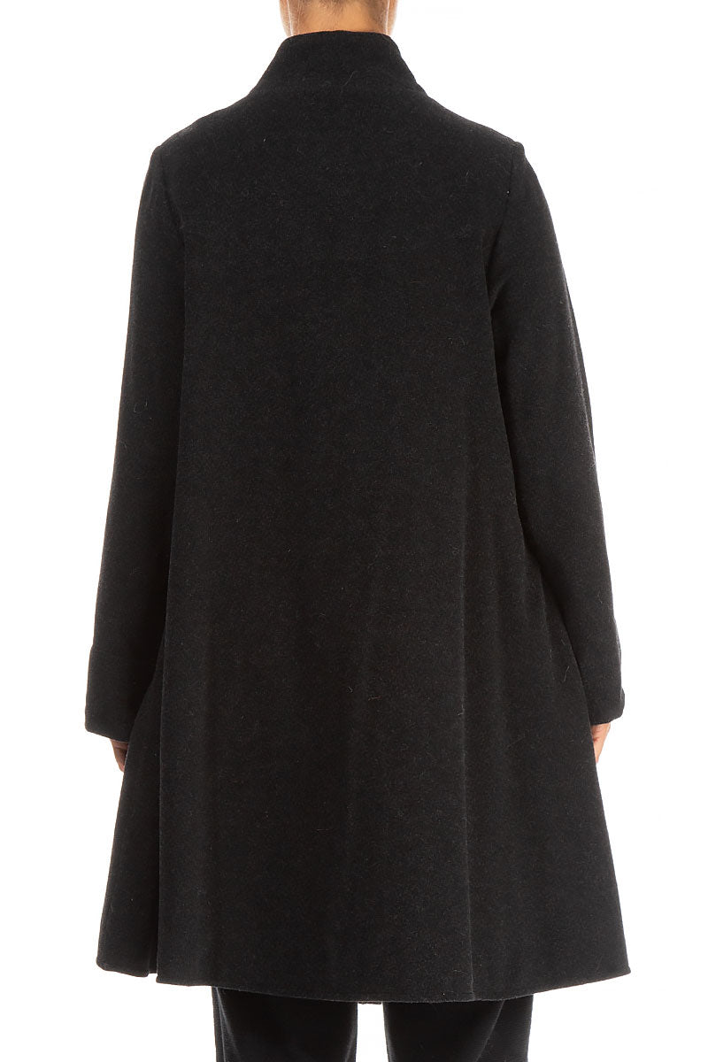 Flared Stand Up Collar Black Wool Coat 2