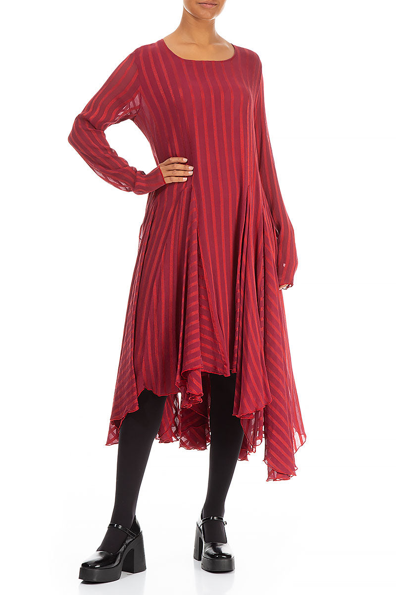Flared Striped Red Silk Rayon Dress 4