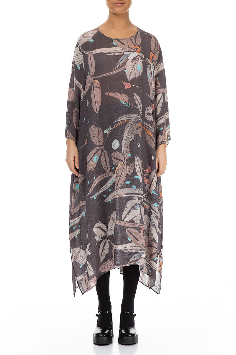 Loose Crinkled Leaves Print Silk Viscose Dress 1
