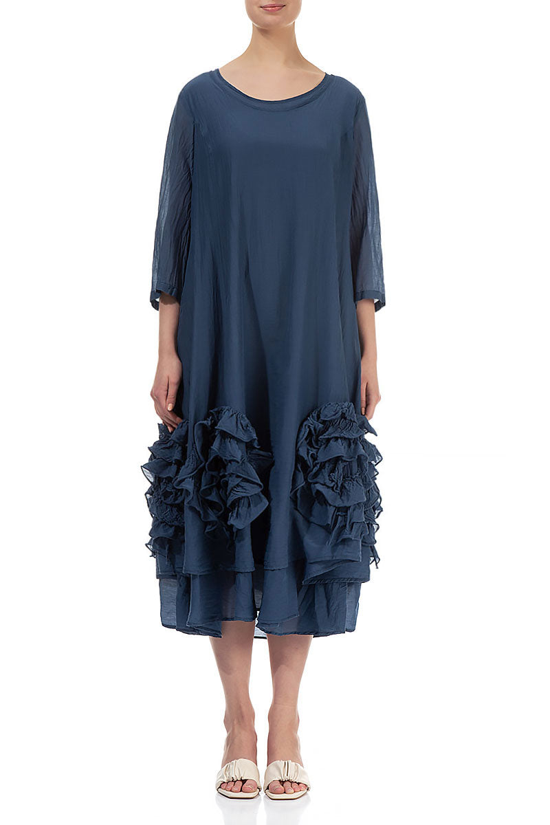 Frilly Flower Denim Blue Silk Cotton Dress
