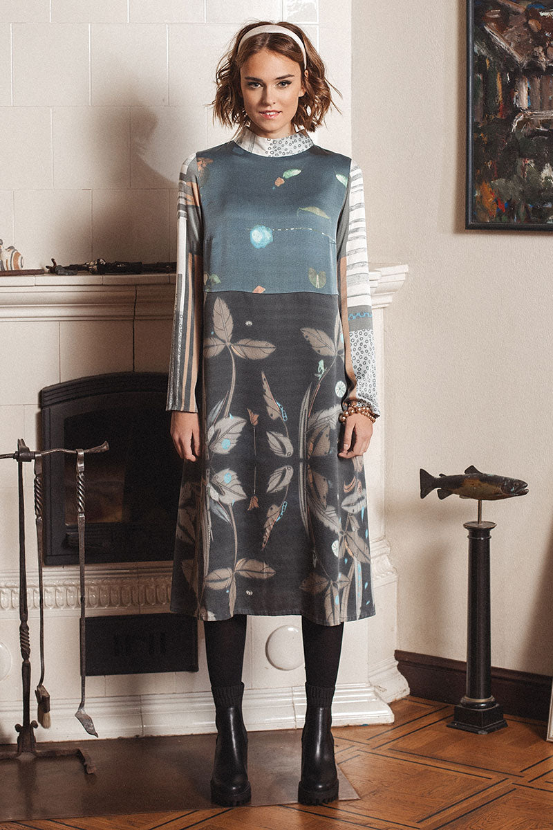 High Neck Mixed Prints Pure Silk Dress 6