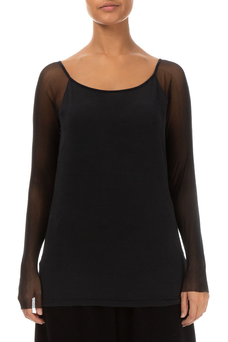 Long Mesh Sleeves Black Cotton Blouse 1