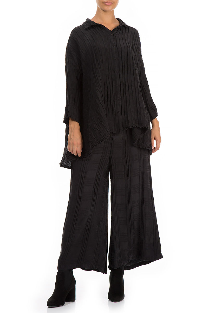 Loose Crinkled Black Silk Linen Shirt 4