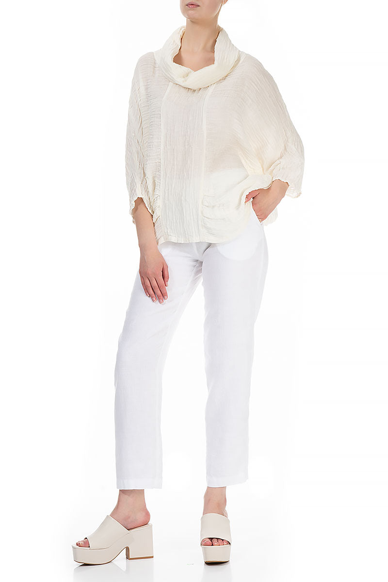 Cowl Neck Crinkled Off White Silk Blouse 3