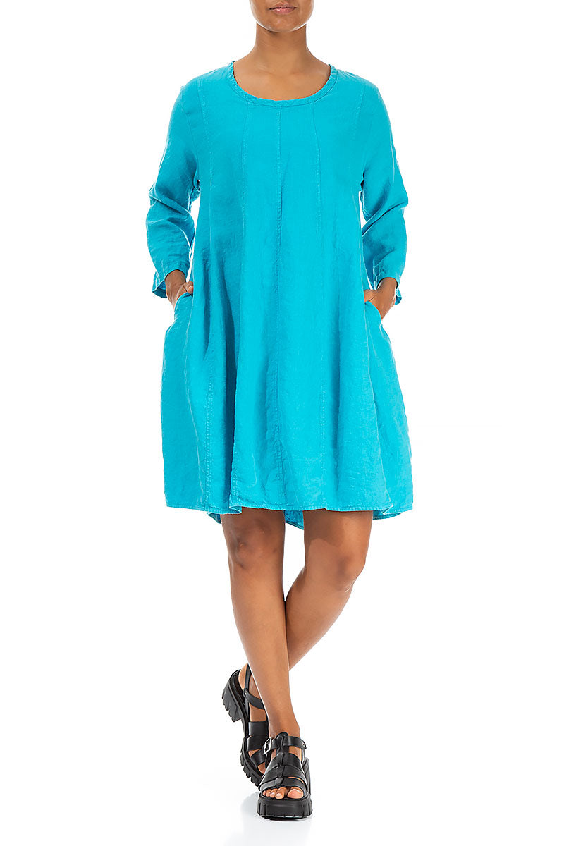 Midi Balloon Bright Turquoise Linen Dress 4