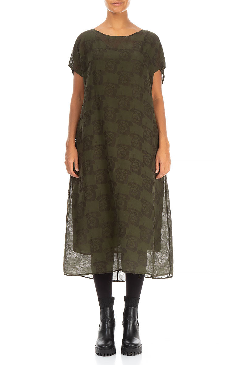 Phone Print Khaki Silk Linen Dress 1