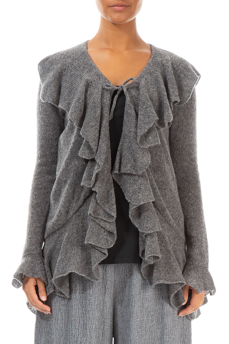 Ruffles Decorated Grey Wool Cardigan 1