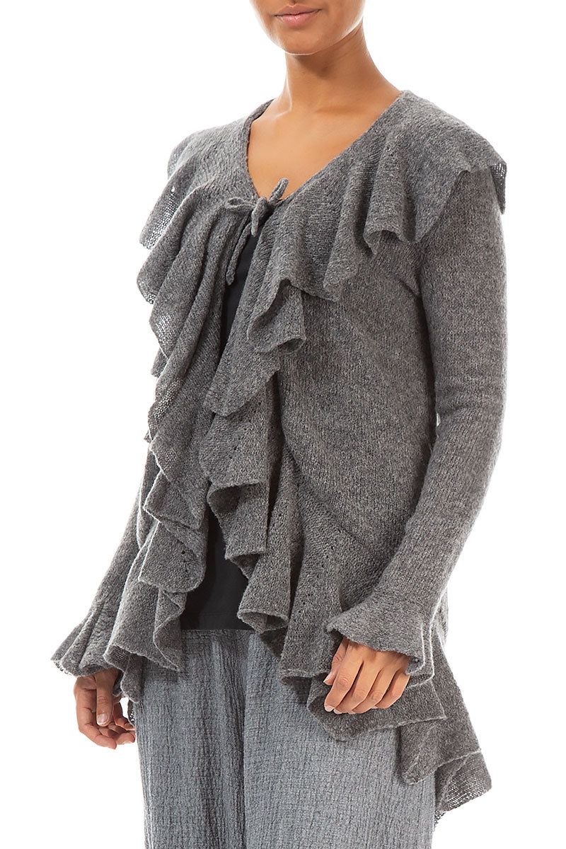 Ruffles Decorated Grey Wool Cardigan 3
