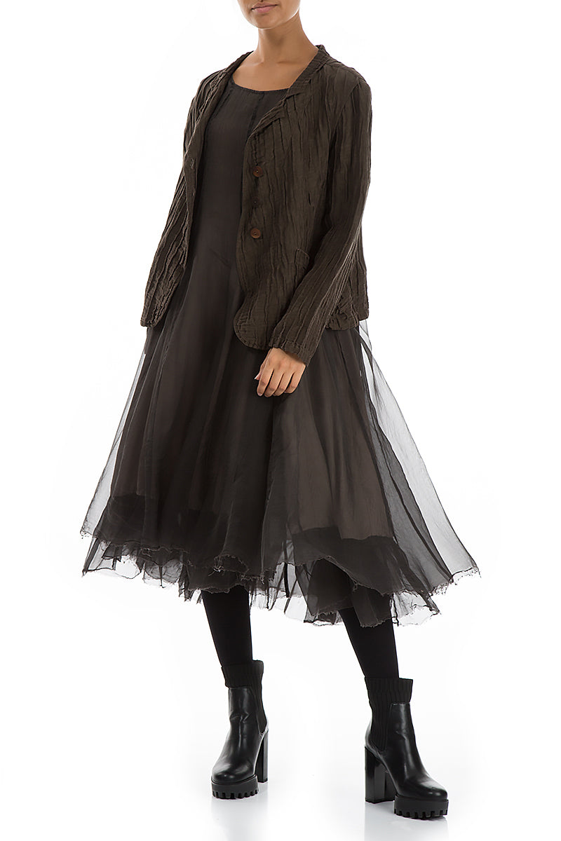 Short Crinkled Chocolate Brown Silk Linen Jacket 5