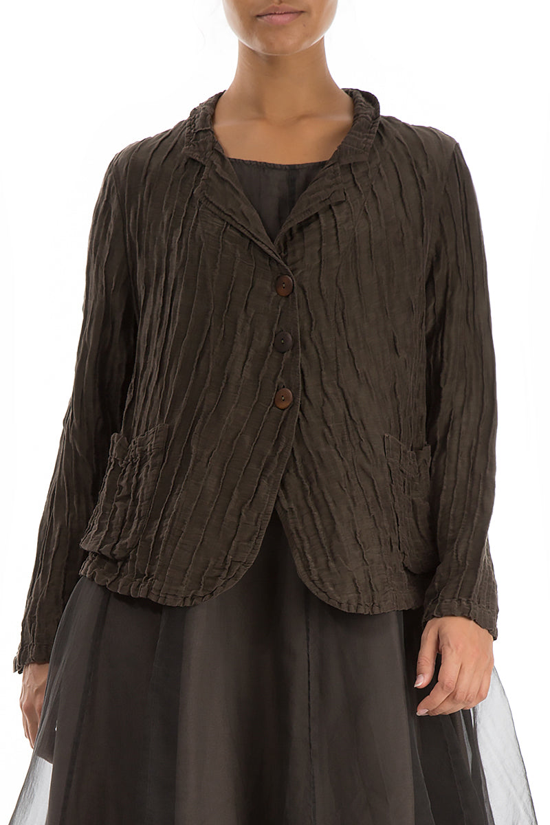 Short Crinkled Chocolate Brown Silk Linen Jacket 3